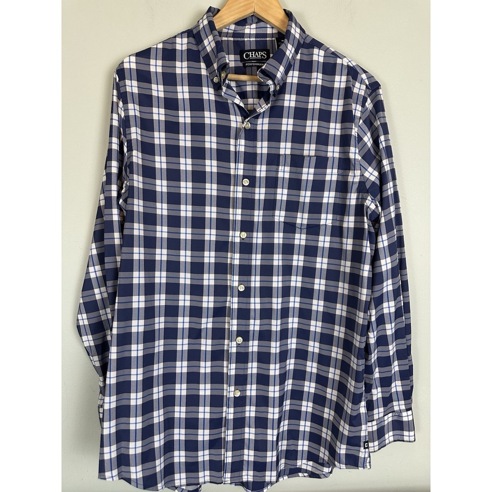 Chaps Performance Plaid Button Down Shirt Blue Stretch Casual Workwear Size Med